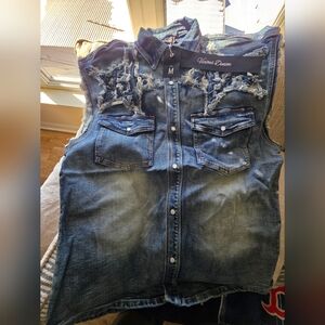 Brand New Men's Blue Distressed Denim Vest Size Medium Oversized